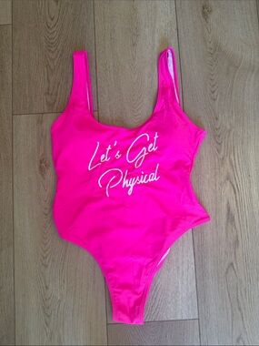 Hot Pink Women's One-Piece Swimsuit with "Let's Get Physical" Script